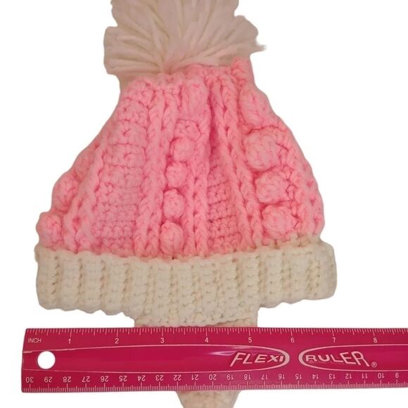 Handmade Pink and white Baby Winter Hat Pom Pom Crochet Ear flaps with ties - Picture 12 of 13